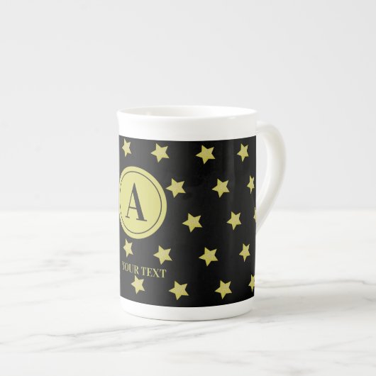 Elegant Gold & Black Star Pattern Monogram Porselein Kop (Voorkant rechts)