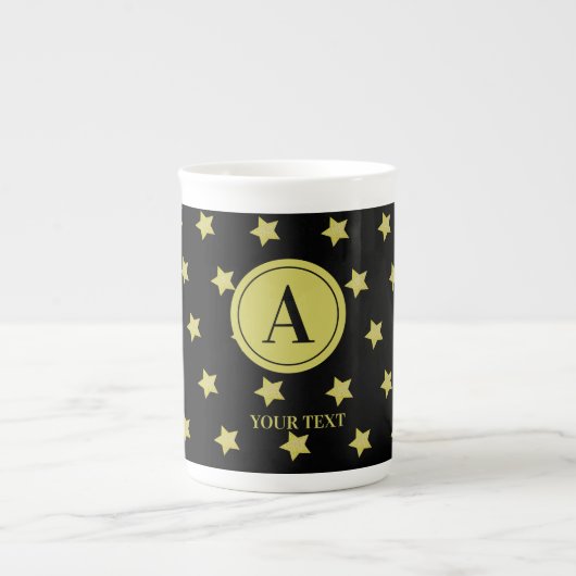 Elegant Gold & Black Star Pattern Monogram Porselein Kop (Voorkant)
