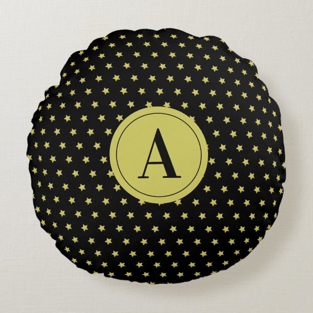 Elegant Gold & Black Star Pattern Monogram Rond Kussen (Voorkant)