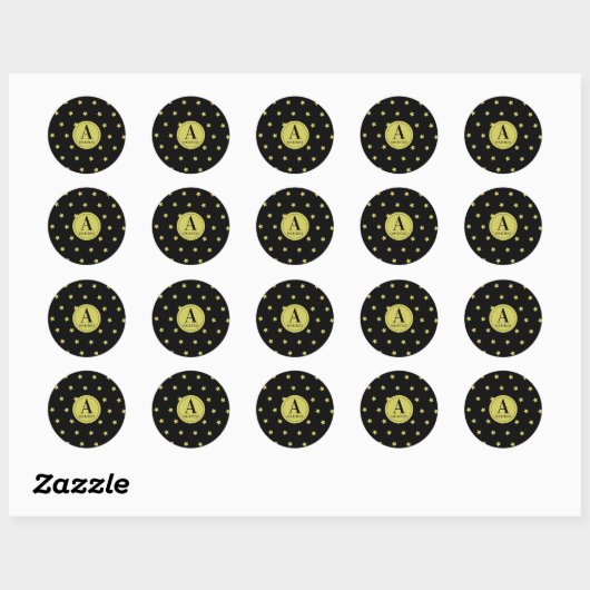 Elegant Gold & Black Star Pattern Monogram Ronde Sticker (Vel)