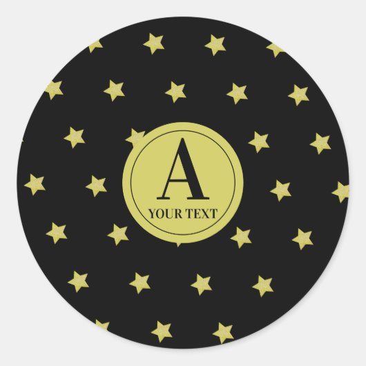 Elegant Gold & Black Star Pattern Monogram Ronde Sticker (Voorkant)