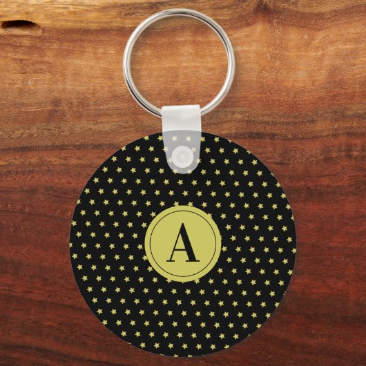 Elegant Gold & Black Star Pattern Monogram Sleutelhanger (Voorkant)