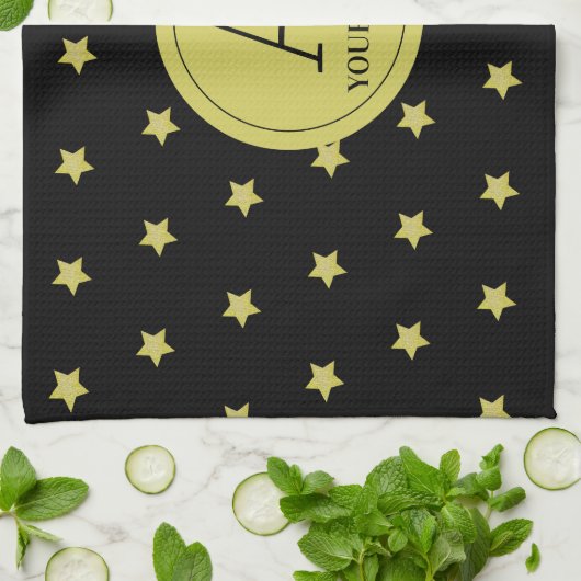 Elegant Gold & Black Star Pattern Monogram Theedoek (Gevouwen)