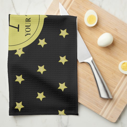 Elegant Gold & Black Star Pattern Monogram Theedoek (Quarter Fold)