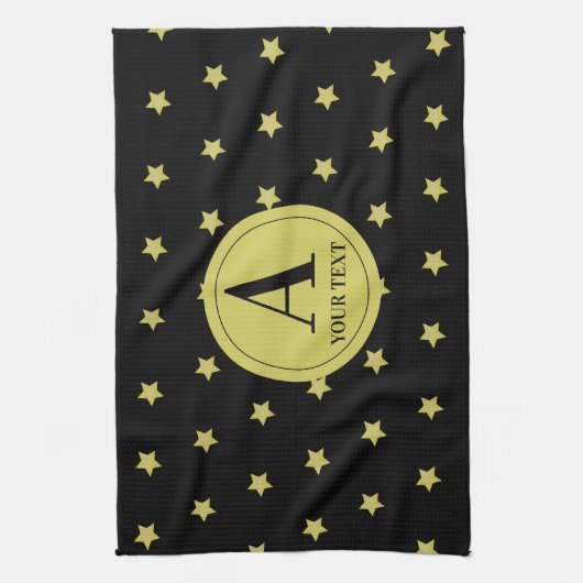 Elegant Gold & Black Star Pattern Monogram Theedoek (Verticaal)