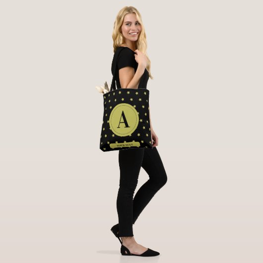 Elegant Gold & Black Star Pattern Monogram Tote Bag (Op model)