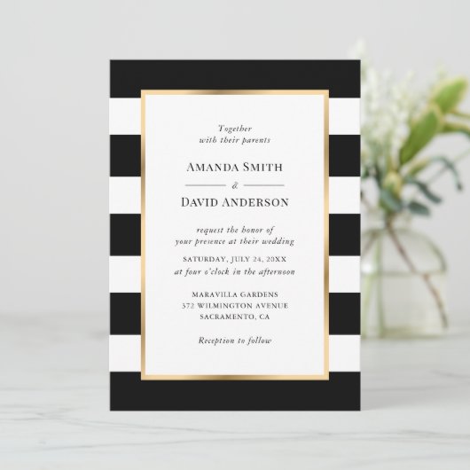 Elegant Gold Black Stripe Wedding Kaart (Staand voorkant)