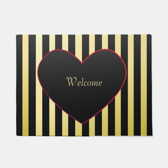 Elegant Gold Black Stripes Heart personaliseren Deurmat (Voorkant)