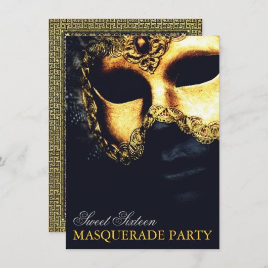 Elegant Gold Black Sweet 16 Masquerade-uitnodiging Kaart (Voorkant / Achterkant)