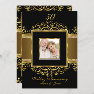 Elegant Gold & Black Swirl Foto 50 Jubileum Kaart