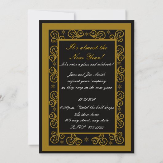 Elegant Gold & Black Swirl - Uitnodiging nieuwjaar (Voorkant)