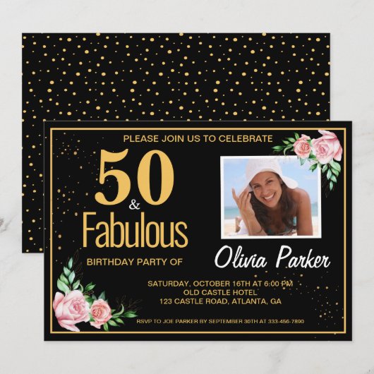 Elegant Gold Black, uitnodiging voor 50e verjaarda (Voorkant / Achterkant)