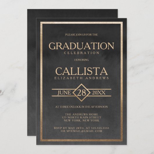 Elegant Gold Black Waterverf Lijst Afstuderen Kaart (Voorkant / Achterkant)