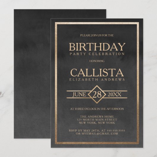 Elegant Gold Black Waterverf Lijst Birthday Kaart (Voorkant / Achterkant)