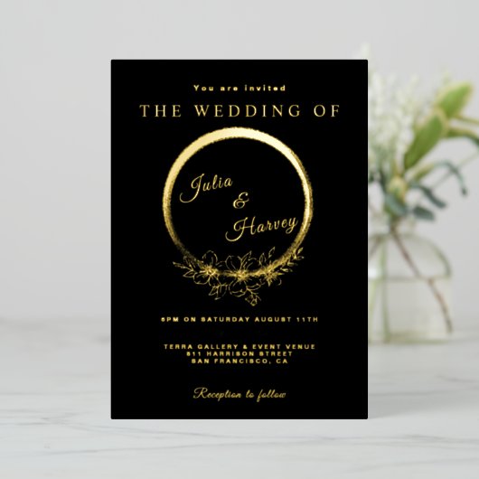 Elegant Gold Black Wedding Folie Invitation Folie Uitnodiging (Staand Voorkant)