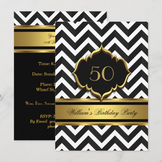Elegant Gold Black White Chevron Birthday Party Kaart (Voorkant / Achterkant)