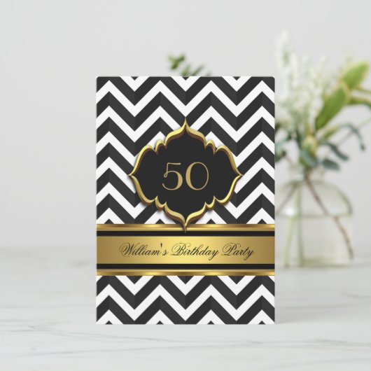 Elegant Gold Black White Chevron Birthday Party Kaart (Staand voorkant)