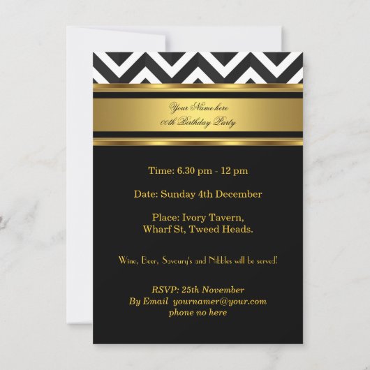 Elegant Gold Black White Chevron Birthday Party Kaart (Achterkant)