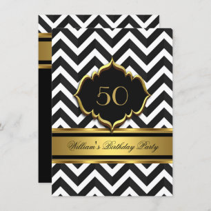 Elegant Gold Black White Chevron Birthday Party Kaart