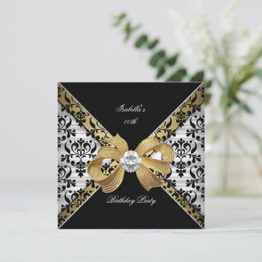 Elegant Gold Black White Damask Diamond Party Kaart (Staand voorkant)