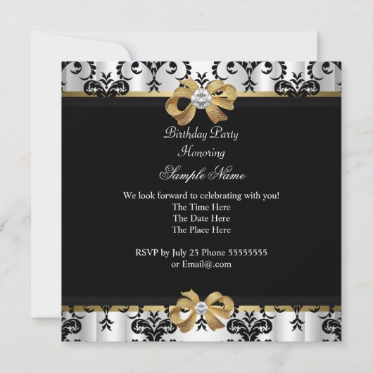Elegant Gold Black White Damask Diamond Party Kaart (Achterkant)