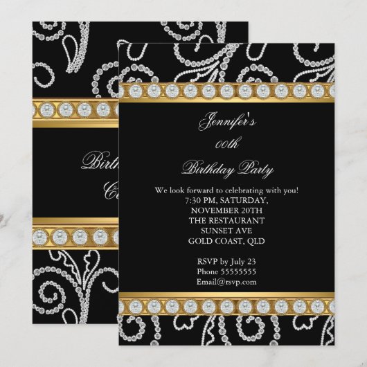 Elegant Gold Black White Diamond Birthday Party Kaart (Voorkant / Achterkant)