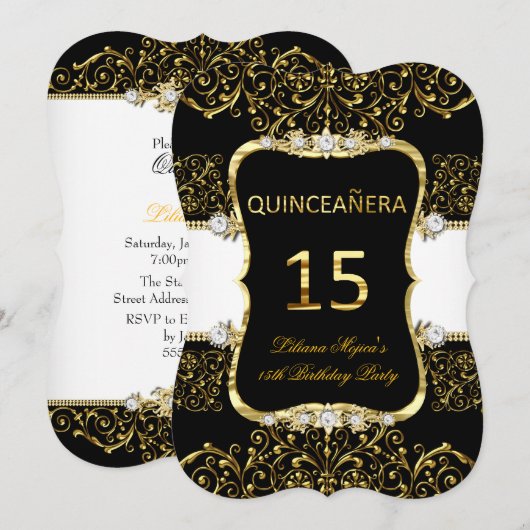 Elegant Gold Black White Glamor Quinceanera Kaart (Voorkant / Achterkant)