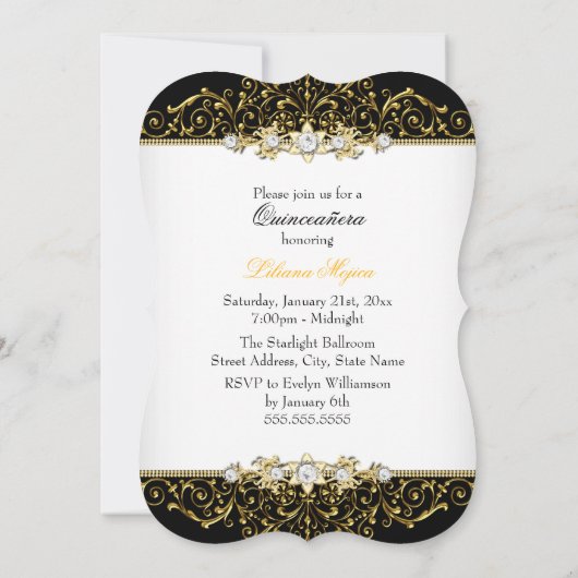 Elegant Gold Black White Glamor Quinceanera Kaart (Achterkant)