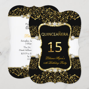Elegant Gold Black White Glamor Quinceanera Kaart