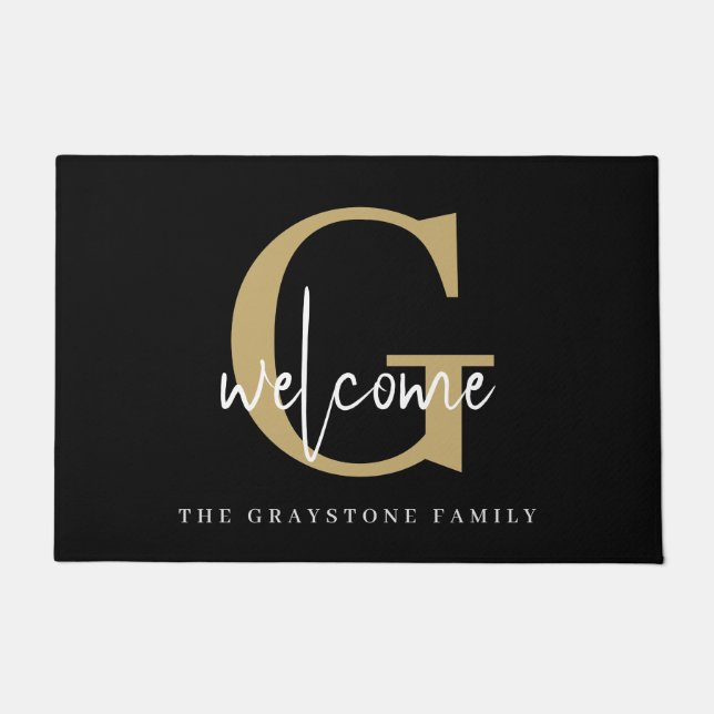 Elegant Gold Black White Monogram Family Welkom Deurmat (Voorkant)