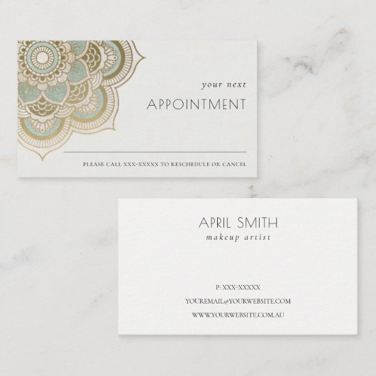 Elegant  Gold Blauwgroen Aqua Mandala Benoeming Visitekaartje (Voorkant / Achterkant)