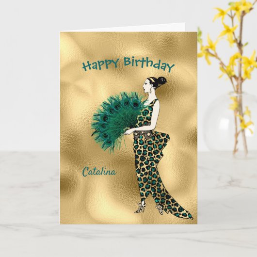 Elegant Gold Blauwgroen Art Deco Lady Birthday Kaart (Gele Bloem)
