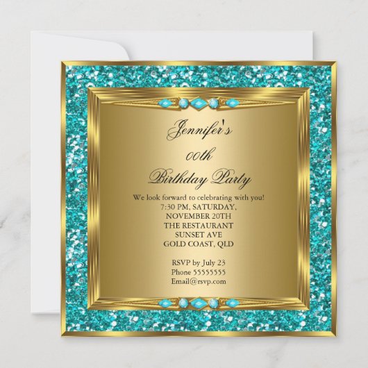 Elegant Gold Blauwgroen Blue Faux Glitter Birthday Kaart (Voorkant)
