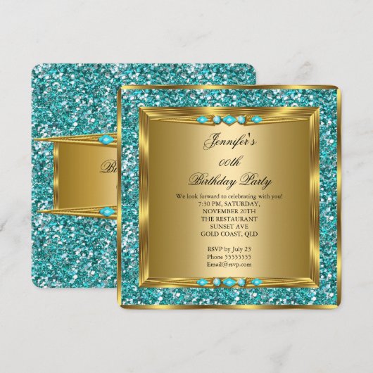 Elegant Gold Blauwgroen Blue Faux Glitter Birthday Kaart (Voorkant / Achterkant)
