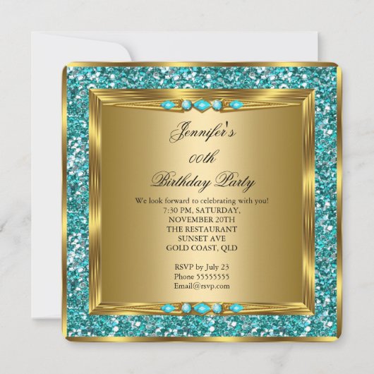 Elegant Gold Blauwgroen Blue Faux Glitter Birthday Kaart (Voorkant)