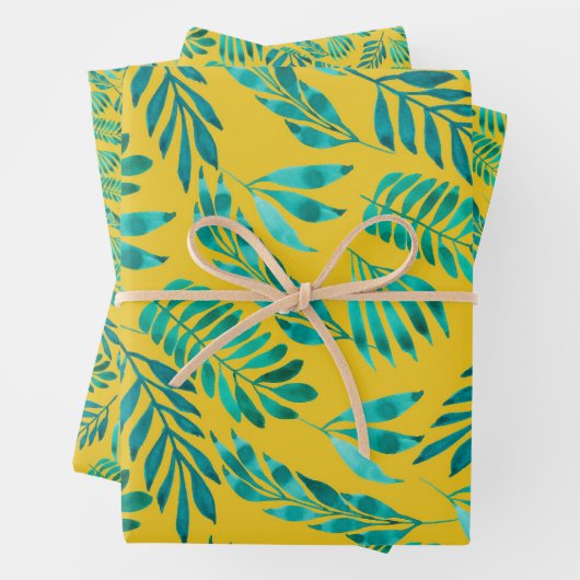 Elegant Gold Blauwgroen Foliage Leaf Pattern Inpakpapier Vel (In situ)