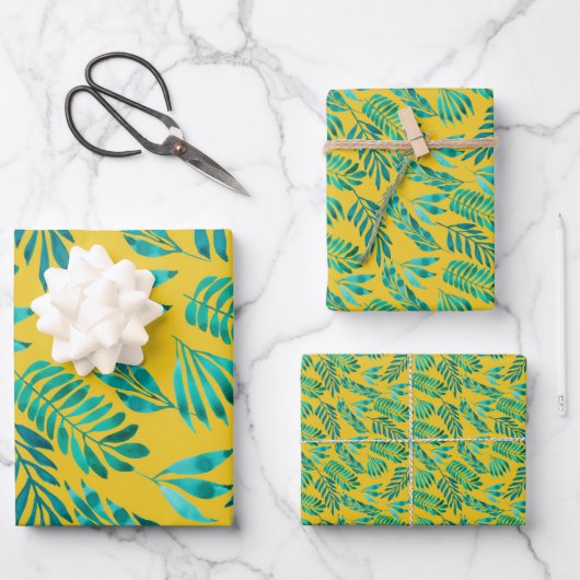 Elegant Gold Blauwgroen Foliage Leaf Pattern Inpakpapier Vel (Voorkant)