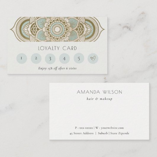 Elegant  Gold Blauwgroen Mandala 6 Punch Loyalty Visitekaartje (Voorkant / Achterkant)