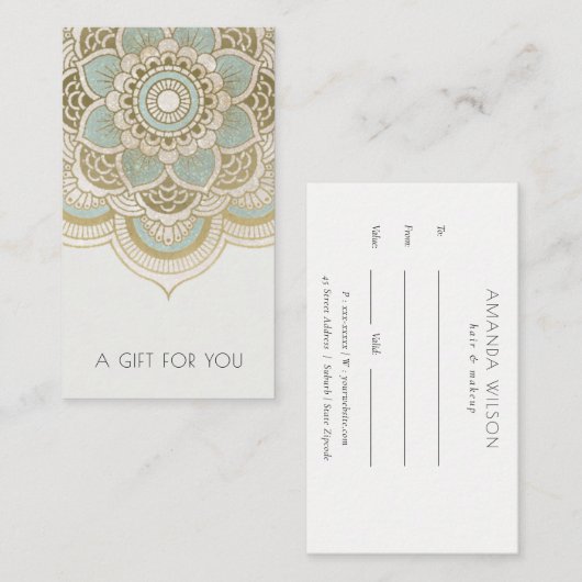 Elegant  Gold Blauwgroen Mandala Gift Certificate Visitekaartje (Voorkant / Achterkant)