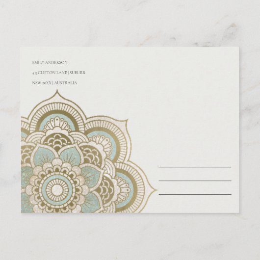 Elegant  Gold Blauwgroen Mandala Opslaan datum Briefkaart (Achterkant)