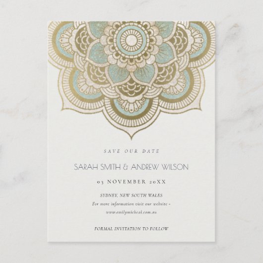 Elegant Gold Blauwgroen Mandala Opslaan datum Briefkaart (Voorkant)