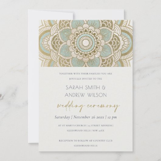 Elegant  Gold Blauwgroen Mandala Wedding Invite Bedankkaart (Voorkant)