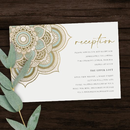 Elegant  Gold Blauwgroen Mandala Wedding Reception Informatiekaartje