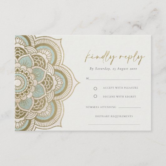 Elegant  Gold Blauwgroen Mandala Wedding RSVP Informatiekaartje (Voorkant)