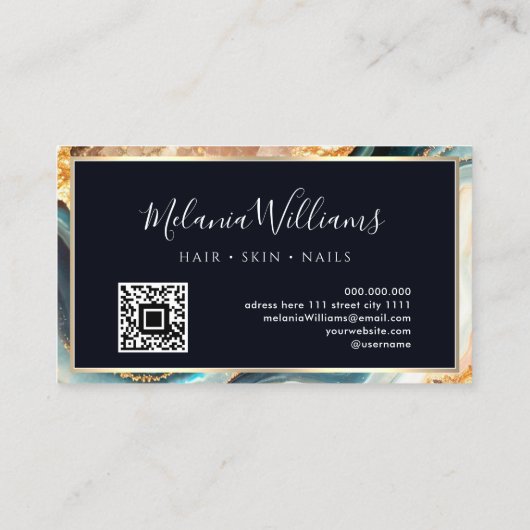 Elegant Gold Blauwgroen marmer Agate Geode QR Code Visitekaartje (Achterkant)