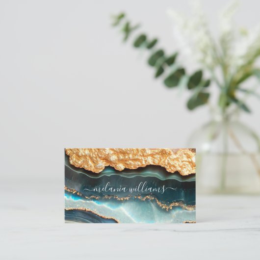 Elegant Gold Blauwgroen marmer Agate Geode QR Code Visitekaartje (Staand voorkant)