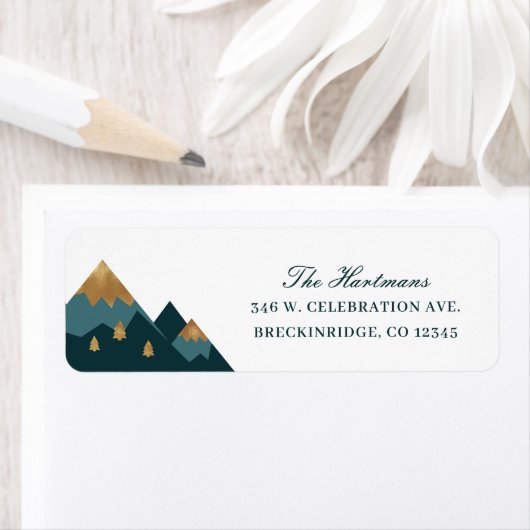 Elegant Gold Blauwgroen Mountains Return Address Etiket (Insitu)