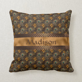 Elegant Gold Blauwgroen Peacock Persoonlijke naam Kussen