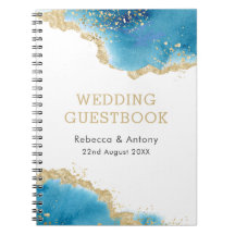 Elegant Gold Blue Abstract Ocean Wedding Guestbook