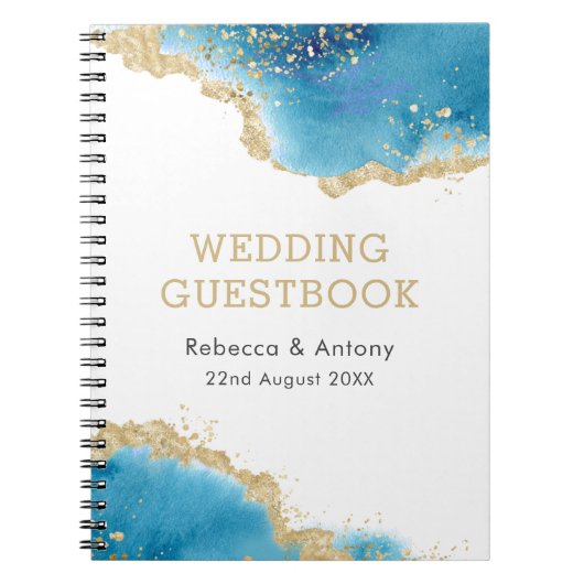 Elegant Gold Blue Abstract Ocean Wedding Guestbook Notitieboek (Voorkant)